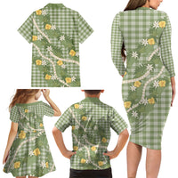 Aloha Puakenikeni Anthurium Pikake Lei Family Matching Long Sleeve Bodycon Dress and Hawaiian Shirt Green Hawaiian Palaka Pattern LT9 Mom's Dress Green - Polynesian Pride