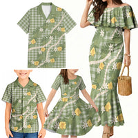 Aloha Puakenikeni Anthurium Pikake Lei Family Matching Mermaid Dress and Hawaiian Shirt Green Hawaiian Palaka Pattern LT9 - Polynesian Pride