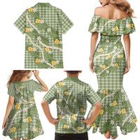Aloha Puakenikeni Anthurium Pikake Lei Family Matching Mermaid Dress and Hawaiian Shirt Green Hawaiian Palaka Pattern LT9 Mom's Dress Green - Polynesian Pride