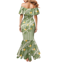 Aloha Puakenikeni Anthurium Pikake Lei Family Matching Mermaid Dress and Hawaiian Shirt Green Hawaiian Palaka Pattern