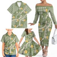 Aloha Puakenikeni Anthurium Pikake Lei Family Matching Off The Shoulder Long Sleeve Dress and Hawaiian Shirt Green Hawaiian Palaka Pattern LT9 - Polynesian Pride