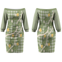 Aloha Puakenikeni Anthurium Pikake Lei Family Matching Off The Shoulder Long Sleeve Dress and Hawaiian Shirt Green Hawaiian Palaka Pattern LT9 Mom's Dress Green - Polynesian Pride