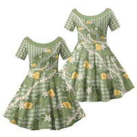 Aloha Puakenikeni Anthurium Pikake Lei Family Matching Off The Shoulder Long Sleeve Dress and Hawaiian Shirt Green Hawaiian Palaka Pattern LT9 Daughter's Dress Green - Polynesian Pride