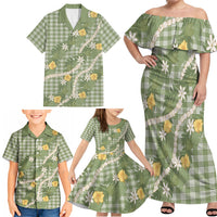Aloha Puakenikeni Anthurium Pikake Lei Family Matching Off Shoulder Maxi Dress and Hawaiian Shirt Green Hawaiian Palaka Pattern LT9 - Polynesian Pride