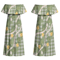 Aloha Puakenikeni Anthurium Pikake Lei Family Matching Off Shoulder Maxi Dress and Hawaiian Shirt Green Hawaiian Palaka Pattern LT9 Mom's Dress Green - Polynesian Pride