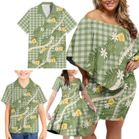 Aloha Puakenikeni Anthurium Pikake Lei Family Matching Off Shoulder Short Dress and Hawaiian Shirt Green Hawaiian Palaka Pattern LT9 - Polynesian Pride