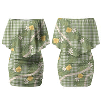 Aloha Puakenikeni Anthurium Pikake Lei Family Matching Off Shoulder Short Dress and Hawaiian Shirt Green Hawaiian Palaka Pattern LT9 Mom's Dress Green - Polynesian Pride