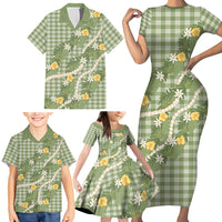 Aloha Puakenikeni Anthurium Pikake Lei Family Matching Short Sleeve Bodycon Dress and Hawaiian Shirt Green Hawaiian Palaka Pattern LT9 - Polynesian Pride