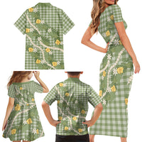 Aloha Puakenikeni Anthurium Pikake Lei Family Matching Short Sleeve Bodycon Dress and Hawaiian Shirt Green Hawaiian Palaka Pattern LT9 Mom's Dress Green - Polynesian Pride
