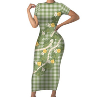 Aloha Puakenikeni Anthurium Pikake Lei Family Matching Short Sleeve Bodycon Dress and Hawaiian Shirt Green Hawaiian Palaka Pattern