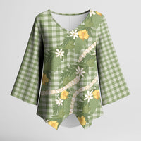 Aloha Puakenikeni Anthurium Pikake Lei Kimono Sleeve Blouse Green Hawaiian Palaka Pattern