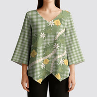 Aloha Puakenikeni Anthurium Pikake Lei Kimono Sleeve Blouse Green Hawaiian Palaka Pattern