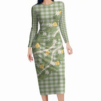 Aloha Puakenikeni Anthurium Pikake Lei Long Sleeve Bodycon Dress Green Hawaiian Palaka Pattern LT9 Long Dress Green - Polynesian Pride