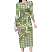 Aloha Puakenikeni Anthurium Pikake Lei Long Sleeve Bodycon Dress Green Hawaiian Palaka Pattern