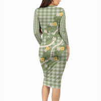 Aloha Puakenikeni Anthurium Pikake Lei Long Sleeve Bodycon Dress Green Hawaiian Palaka Pattern LT9 - Polynesian Pride
