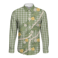 Aloha Puakenikeni Anthurium Pikake Lei Long Sleeve Button Shirt Green Hawaiian Palaka Pattern LT9 Unisex Green - Polynesian Pride