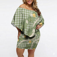Aloha Puakenikeni Anthurium Pikake Lei Off Shoulder Short Dress Green Hawaiian Palaka Pattern LT9 Women Green - Polynesian Pride