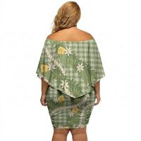 Aloha Puakenikeni Anthurium Pikake Lei Off Shoulder Short Dress Green Hawaiian Palaka Pattern LT9 - Polynesian Pride