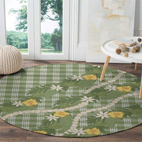 Aloha Puakenikeni Anthurium Pikake Lei Round Carpet Green Hawaiian Palaka Pattern LT9 - Polynesian Pride
