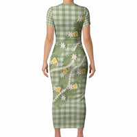 Aloha Puakenikeni Anthurium Pikake Lei Short Sleeve Bodycon Dress Green Hawaiian Palaka Pattern LT9 - Polynesian Pride