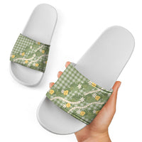 Aloha Puakenikeni Anthurium Pikake Lei Slide Sandals Green Hawaiian Palaka Pattern