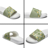 Aloha Puakenikeni Anthurium Pikake Lei Slide Sandals Green Hawaiian Palaka Pattern