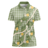 Aloha Puakenikeni Anthurium Pikake Lei Women Polo Shirt Green Hawaiian Palaka Pattern