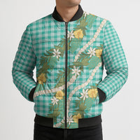 Aloha Puakenikeni Anthurium Pikake Lei Bomber Puffer Jacket Marine Hawaiian Palaka Pattern LT9 - Polynesian Pride