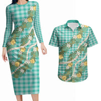 Aloha Puakenikeni Anthurium Pikake Lei Couples Matching Long Sleeve Bodycon Dress and Hawaiian Shirt Marine Hawaiian Palaka Pattern LT9 Marine - Polynesian Pride