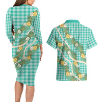 Aloha Puakenikeni Anthurium Pikake Lei Couples Matching Long Sleeve Bodycon Dress and Hawaiian Shirt Marine Hawaiian Palaka Pattern
