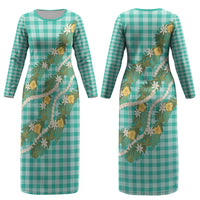 Aloha Puakenikeni Anthurium Pikake Lei Couples Matching Long Sleeve Bodycon Dress and Hawaiian Shirt Marine Hawaiian Palaka Pattern LT9 - Polynesian Pride