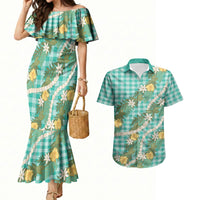 Aloha Puakenikeni Anthurium Pikake Lei Couples Matching Mermaid Dress and Hawaiian Shirt Marine Hawaiian Palaka Pattern LT9 Marine - Polynesian Pride