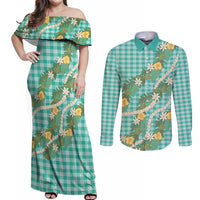 Aloha Puakenikeni Anthurium Pikake Lei Couples Matching Off Shoulder Maxi Dress and Long Sleeve Button Shirt Marine Hawaiian Palaka Pattern LT9 Marine - Polynesian Pride
