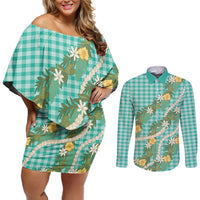 Aloha Puakenikeni Anthurium Pikake Lei Couples Matching Off Shoulder Short Dress and Long Sleeve Button Shirt Marine Hawaiian Palaka Pattern
