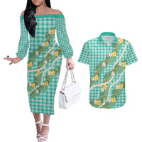 Aloha Puakenikeni Anthurium Pikake Lei Couples Matching Off The Shoulder Long Sleeve Dress and Hawaiian Shirt Marine Hawaiian Palaka Pattern LT9 Marine - Polynesian Pride