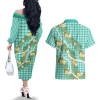 Aloha Puakenikeni Anthurium Pikake Lei Couples Matching Off The Shoulder Long Sleeve Dress and Hawaiian Shirt Marine Hawaiian Palaka Pattern LT9 - Polynesian Pride