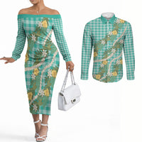 Aloha Puakenikeni Anthurium Pikake Lei Couples Matching Off The Shoulder Long Sleeve Dress and Long Sleeve Button Shirt Marine Hawaiian Palaka Pattern LT9 Marine - Polynesian Pride