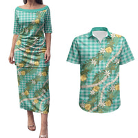 Aloha Puakenikeni Anthurium Pikake Lei Couples Matching Puletasi and Hawaiian Shirt Marine Hawaiian Palaka Pattern LT9 Marine - Polynesian Pride