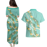 Aloha Puakenikeni Anthurium Pikake Lei Couples Matching Puletasi and Hawaiian Shirt Marine Hawaiian Palaka Pattern
