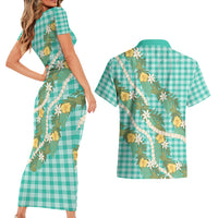 Aloha Puakenikeni Anthurium Pikake Lei Couples Matching Short Sleeve Bodycon Dress and Hawaiian Shirt Marine Hawaiian Palaka Pattern