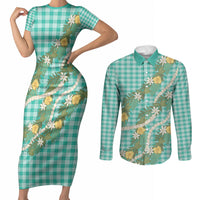Aloha Puakenikeni Anthurium Pikake Lei Couples Matching Short Sleeve Bodycon Dress and Long Sleeve Button Shirt Marine Hawaiian Palaka Pattern LT9 Marine - Polynesian Pride