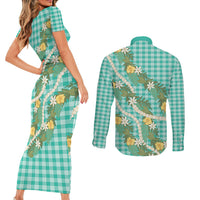 Aloha Puakenikeni Anthurium Pikake Lei Couples Matching Short Sleeve Bodycon Dress and Long Sleeve Button Shirt Marine Hawaiian Palaka Pattern
