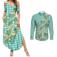 Aloha Puakenikeni Anthurium Pikake Lei Couples Matching Summer Maxi Dress and Long Sleeve Button Shirt Marine Hawaiian Palaka Pattern LT9 Marine - Polynesian Pride