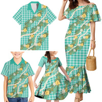 Aloha Puakenikeni Anthurium Pikake Lei Family Matching Mermaid Dress and Hawaiian Shirt Marine Hawaiian Palaka Pattern