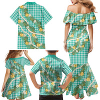 Aloha Puakenikeni Anthurium Pikake Lei Family Matching Mermaid Dress and Hawaiian Shirt Marine Hawaiian Palaka Pattern