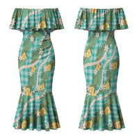 Aloha Puakenikeni Anthurium Pikake Lei Family Matching Mermaid Dress and Hawaiian Shirt Marine Hawaiian Palaka Pattern LT9 Mom's Dress Marine - Polynesian Pride