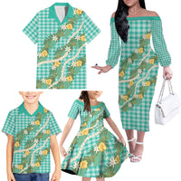 Aloha Puakenikeni Anthurium Pikake Lei Family Matching Off The Shoulder Long Sleeve Dress and Hawaiian Shirt Marine Hawaiian Palaka Pattern LT9 - Polynesian Pride