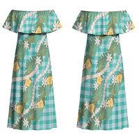 Aloha Puakenikeni Anthurium Pikake Lei Family Matching Off Shoulder Maxi Dress and Hawaiian Shirt Marine Hawaiian Palaka Pattern LT9 Mom's Dress Marine - Polynesian Pride