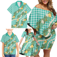 Aloha Puakenikeni Anthurium Pikake Lei Family Matching Off Shoulder Short Dress and Hawaiian Shirt Marine Hawaiian Palaka Pattern LT9 - Polynesian Pride