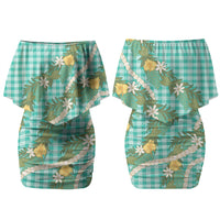 Aloha Puakenikeni Anthurium Pikake Lei Family Matching Off Shoulder Short Dress and Hawaiian Shirt Marine Hawaiian Palaka Pattern LT9 Mom's Dress Marine - Polynesian Pride